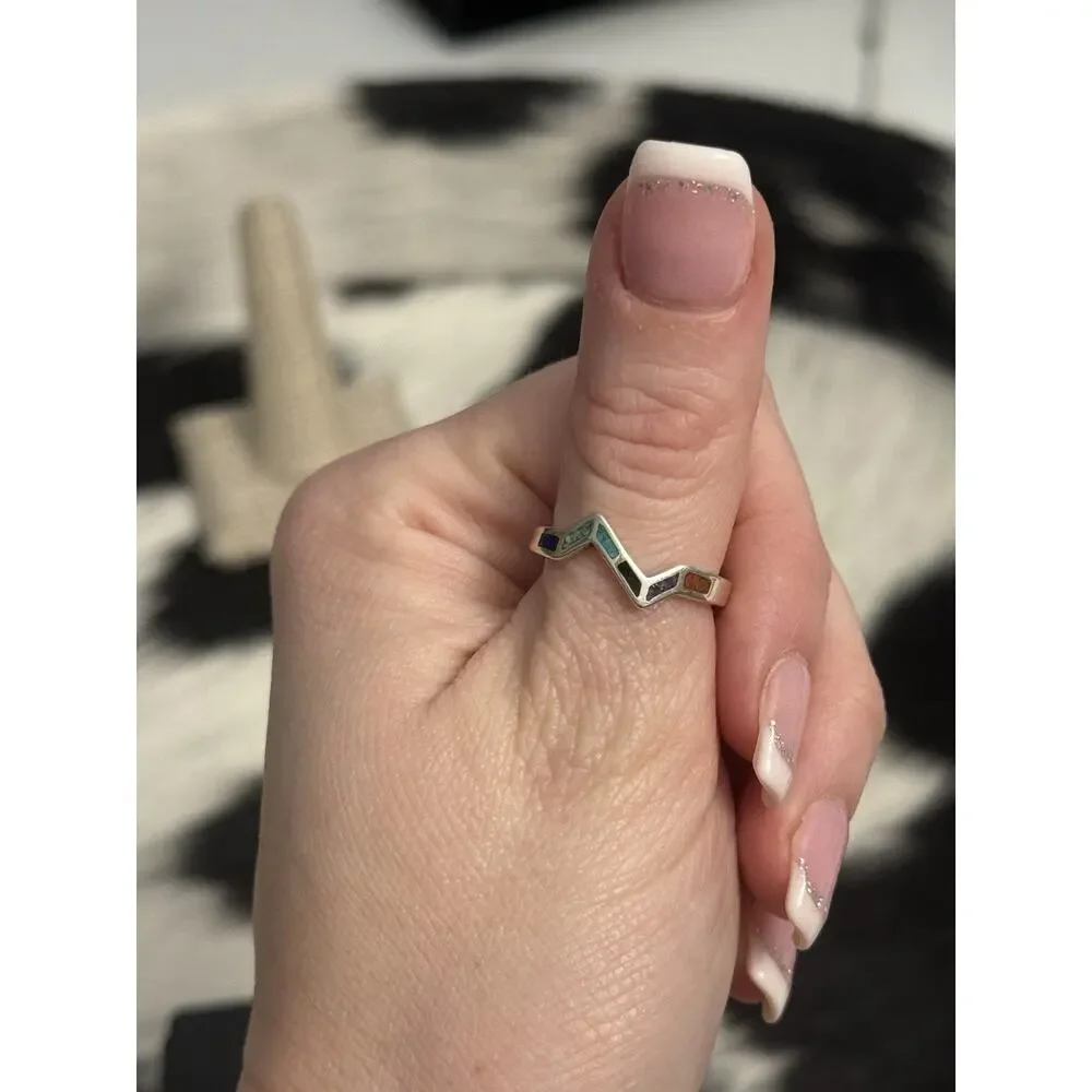 Native American Waldeck Johnson Sterling Silver Turquoise Onyx Coral Stack Ring
